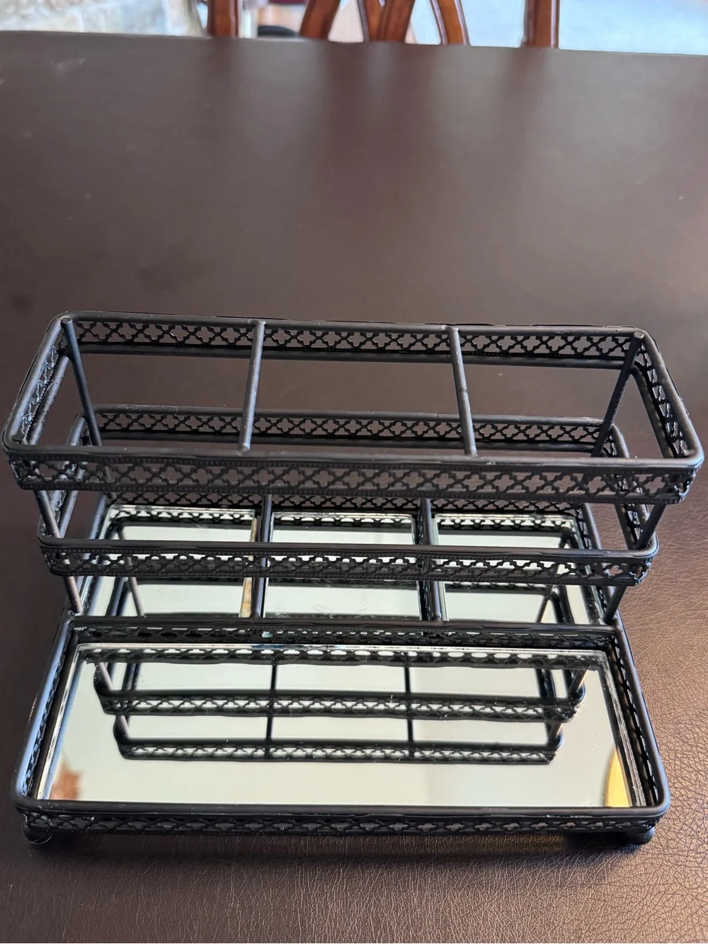 Two-Tier Black Metal Jewelry/Makeup Organizer with Mirrored Tray